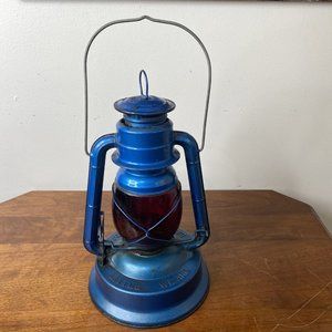 Vintage Dietz Blue Little Wizard Kerosene Lantern Red Glass Globe Antique